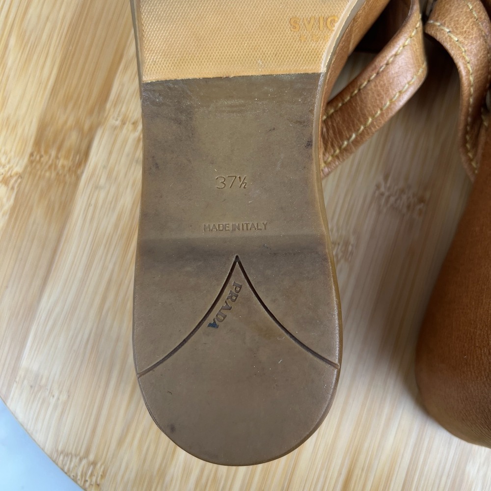 VTG Y2K Prada Womens Size 7.5 EU 37.5 Brown Tan Logo Wood Platform Wedge Sandals - Picture 8 of 11
